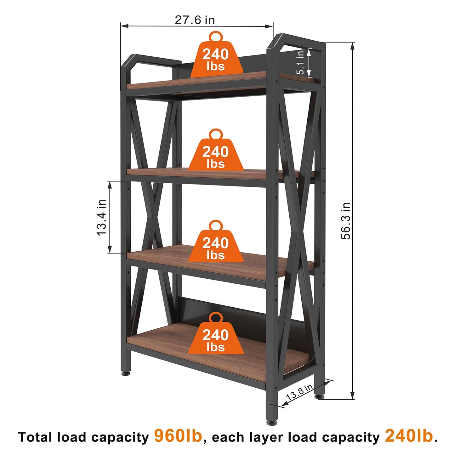 Bakers Rack Heavy-Duty 4-Tier Metal & Wood Storage Shelf